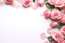 Close Up Of Blooming Pink Roses Flowers And Petals Isolated On White Table Background. Floral Frame Composition. Decorative Web Banner. Empty Space, Flat Lay, Top View