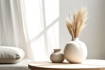 modern white ceramic vase with dry grass on wooden table. scandinavian interior. empty white wall, c