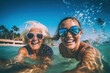 Happy grandmother having fun in the water on a beautiful beach with her granddaughter, generative ai
