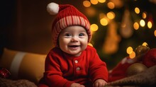 Cute Baby Wearing Christmas Clothes Or Santa Clothes With Christmas Tree In The Background Ai, Ai Generative, Illustration