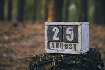 August 25 summer month, wooden calendar with date and month in forest.