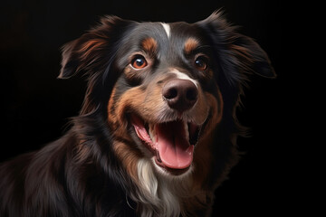 portrait of a smiling dog with black background