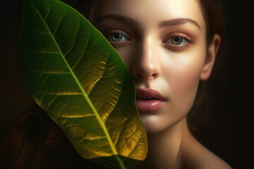 Wall Mural - natural beauty woman holding a green leaf over her face with studio lighting on her face showing natural beauty skin care