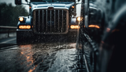 Semi truck speeds through wet night traffic generated by AI