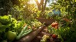 Eco-Friendly Harvest: Tending to a Sustainable Backyard Garden Filled with Homegrown Fruits and Vegetables Grown with Compost. Generative AI