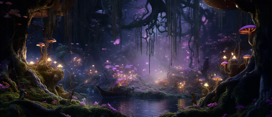 enchanted forest with ethereal lighting and mythical creatures. 8k, extreme detail