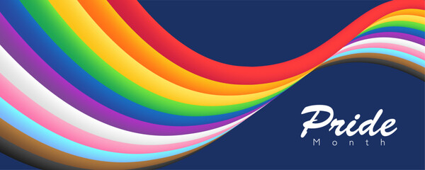 Colorful LGBTQ+ PRIDE month banner with 3D rainbow flag background. Vector template background