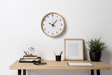 mockup of a white background with an empty frame, a round wall clock, supplies, and a cup. desk for a home office with small space. Generative AI