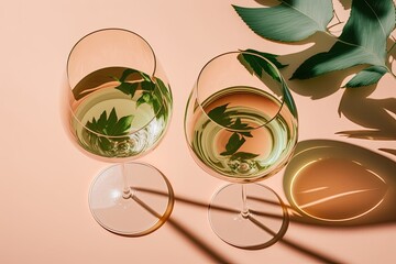 Poster - three glasses of white wine on a pink surface. Generative AI