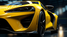 Closeup On Front Of Generic And Unbranded Car A Super Yellow Sports Car Background Wallpaper Illustration. Generative Ai