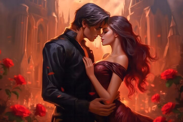 Gothic Couple in Love in Victorian Outfits, Nighttime Castle Setting with Red Roses, Displaying Romance, Flirtation and Affection - Dark Aesthetic and Relationship Theme