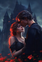 Gothic Couple In Love In Victorian Outfits, Nighttime Castle Setting With Red Roses, Displaying Romance, Flirtation And Affection - Dark Aesthetic And Relationship Theme