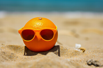 Sticker - Orange with sunglasses on the beach, generative ai