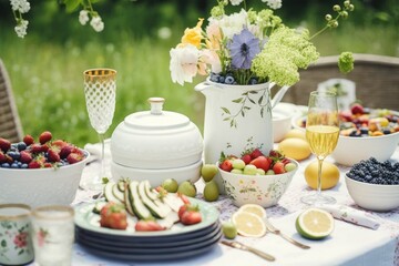 Poster - table filled with colorful fruits and dishes. Generative AI