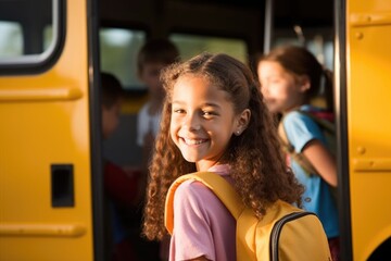 back to school, smiling little schoolgirl getting into the school-bus. generative ai