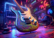 Electric Guitar With Neon Light In Cyberpunk Style By Generative AI