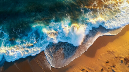  Beach with waves aerial photo, generative ai