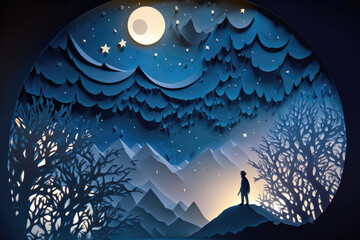 Paper art outdoor mountains and rivers night starry sky, AI generated