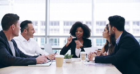 Poster - Business people, woman and manager in meeting, discussion and corporate planning in office. Executive management, team and employees talking in collaboration, seminar and brainstorming in boardroom