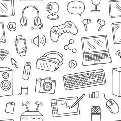 Seamless pattern of Gadgets doodle set. Keyboard, headphones, computer mouse, watch, computer in sketch style. Hand drawn vector illustration