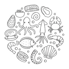 Wall Mural - Seafood doodle set.  Octopus, fish, shrimp, oysters, crab, squid in sketch style. Hand drawn vector illustration isolated on white background