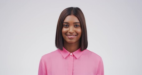 Sticker - Happy, face and an Indian woman with a smile for business isolated on a white background in a studio. Happiness, corporate profile and headshot portrait of a young girl smiling with confidence