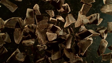 Poster - Super slow motion of rotating group of raw chocolate pieces. Super fast camera motion. Filmed on high speed cinema camera, 1000fps, placed on high speed cine bot. Speed ramp effect.