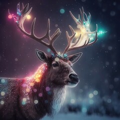 christmas card with deer, fairy lights in the antlers. Generative AI.