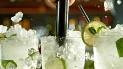 Aufkleber - Super slow motion of preparing mojito drinks with speed motion. Filmed on high speed cinema camera, 1000 fps, placed on high speed cine bot. Bar with bottles on background.