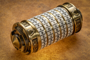 aging word as a password to combination puzzle box with rings of letters, cryptography and lifestyle