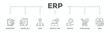 © Ski14 - ERP banner web icon vector illustration concept for enterprise resource planning with icon of inventory, financials, hrm, production, service, purchasing, and mrp