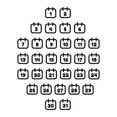 Poster - Vector black calendar icons by month dates. Day 1, 2, 3, 4, 5, 6, 7, 8, 9, 10, 11, 12, 13, 14, 15, 16, 17, 18, 19, 20, 21, 22, 23, 24, 25, 26, 27, 28, 29, 30, 31. Numbers of the month from 1 to 31.
