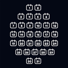Poster - Vector white calendar icons by month dates. Day 1, 2, 3, 4, 5, 6, 7, 8, 9, 10, 11, 12, 13, 14, 15, 16, 17, 18, 19, 20, 21, 22, 23, 24, 25, 26, 27, 28, 29, 30, 31. Numbers of the month from 1 to 31.