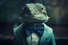 Anthropomorphic Iguana Dressed In A Suit Like A Businessman. Business Concept. AI Generated, Human Enhanced