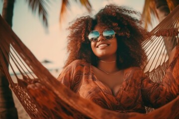 Wall Mural - Happy woman sunbathing on vacation at the resort. Body positivity concept. AI generated, human enhanced