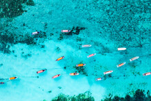 Aerial View Of Anchored Boats In The Exotic Lagoon, Zanzibar, Tanzania
