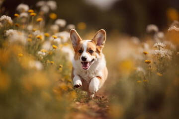 Fluffy corgi Pembroke puppy running in chamomile field. Created using generative AI tools.