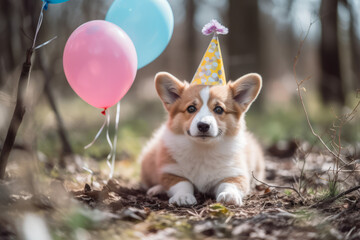 Cute corgi dog with balloons and a party hat. Created using generative AI tools.