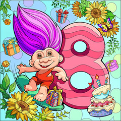 Wall Mural - Illustration of gnome and flower with eight number 