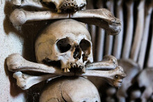 Decoration Made Of Human Skulls And Bones, Interior Of Sedlec Ossuary, UNESCO World Heritage Site, Kutna Hora