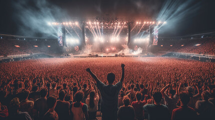 Wall Mural - People crowd celebrating music festival concert in stadium. Generative Ai