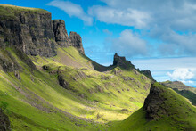 Scenic View Of Green Landscape At Quiraing, Isle Of Skye, Inner Hebrides, Highland Region, Scotland, United Kingdom