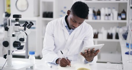 Poster - Scientist, black man and tablet for notes in laboratory, medical research and studying. Technology, science and African male doctor with notebook for writing information, analysis or results in lab.