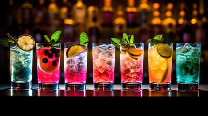 Beautiful row line of different colored alcohol cocktails with mint on a christmas party. Generative Ai