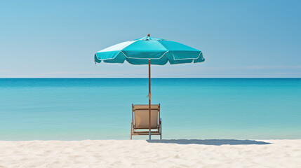  Solitude by the Shore: A Lone Beach Chair and Umbrella Against Turquoise Water, Generative AI