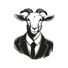 Wall Mural - goat wearing suit, vintage logo line art concept black and white color, hand drawn illustration