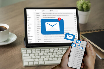 Poster - mail communication connection message to mailing contacts phone global letters concept