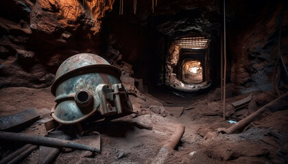 Dark, abandoned coal mine with rusty machinery generated by AI