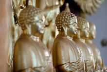 Long Duc Buddhist Temple, Golden Buddha Statues On Altar, Tan Chau, Vietnam