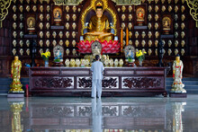 Woman Praying At Main Altar, Phat Quang Buddhist Temple, Siddhartha Gautama (the Shakyamuni Buddha), Chau Doc, Vietnam
